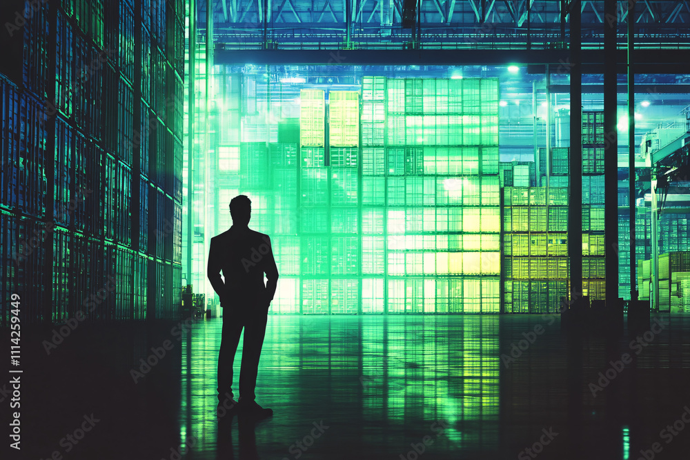 a silhouette of a man standing in a large warehouse surrounded by stacked shipping containers glowing with green industrial lights
a silhouette of a man standing in a large warehouse surrounded by stacked shipping containers glowing with green industrial lights