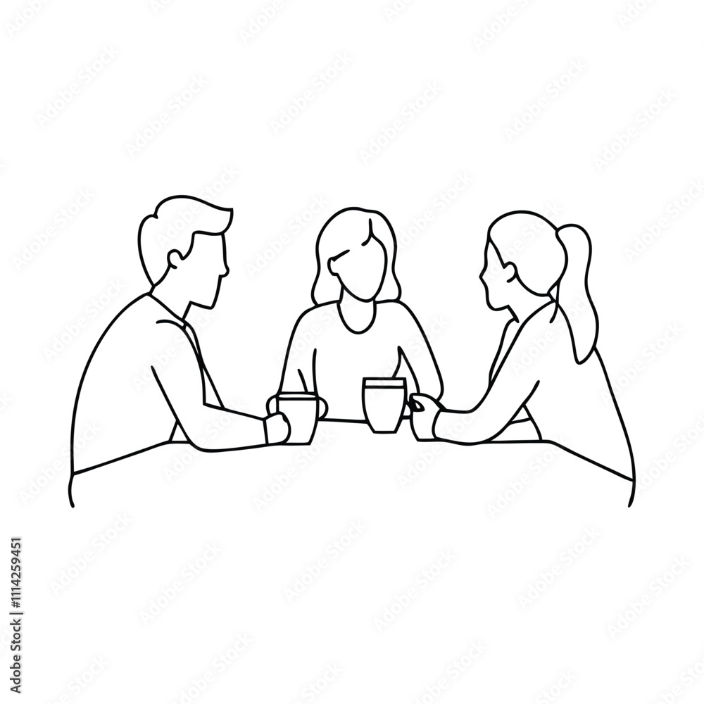 a continuous line drawing of three people sitting at a table and having a conversation a continuous line drawing of three people sitting at a table and having a conversation