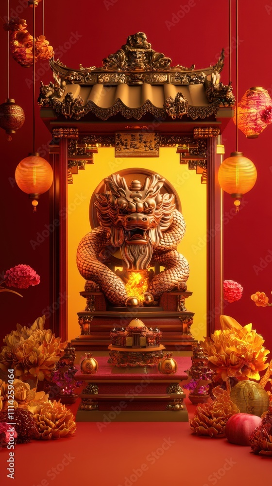 Obraz premium Golden Dragon Shrine: A Luxurious Celebration of Chinese New Year Traditions and Culture