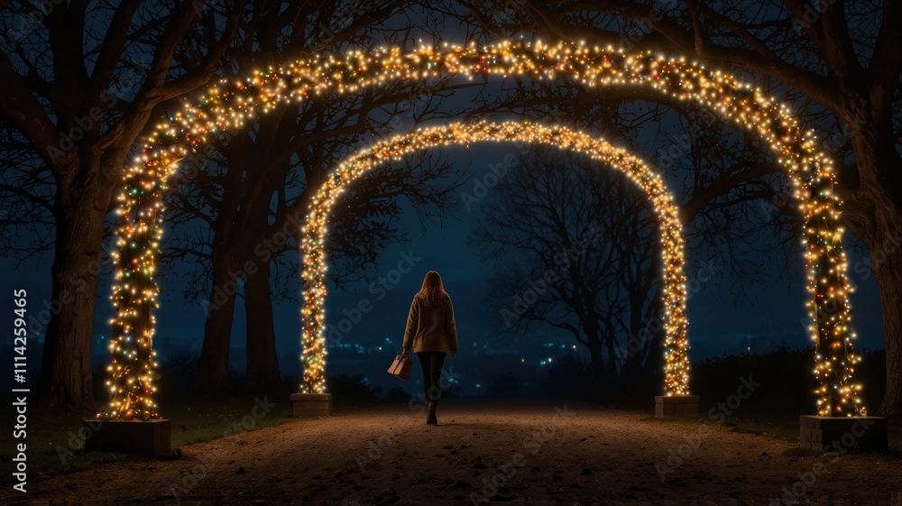 Winter woman walking under glowing lights evening pathway decorative archways serene atmosphere for seasonal celebrations Winter woman walking under glowing lights evening pathway decorative archways serene atmosphere for seasonal celebrations