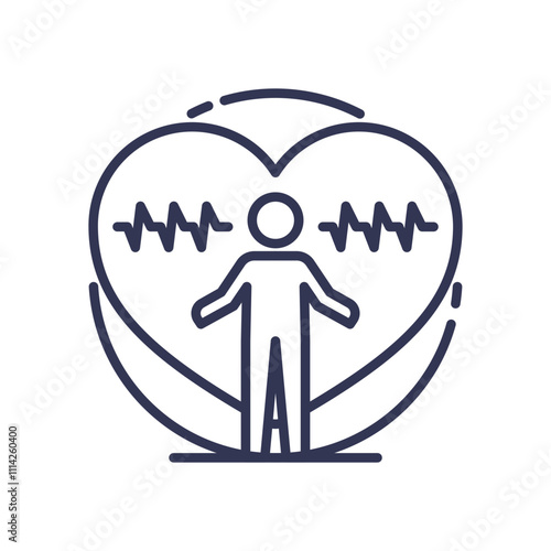 Illustration of a person inside a heart with heartbeat lines, symbolizing stress impact on health.