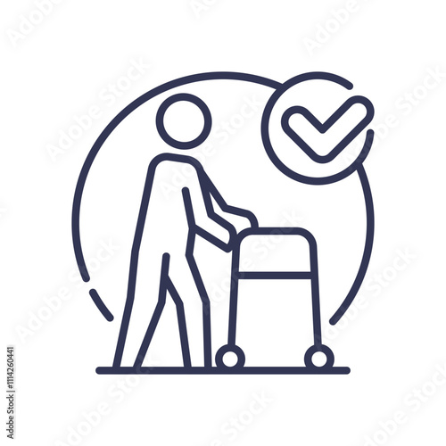 Icon of a person using a walker, symbolizing mobility support and assistance.