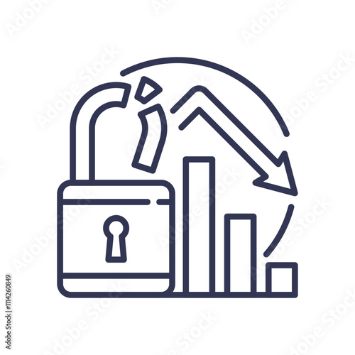 Broken lock and declining graph symbolize compromised financial integrity.