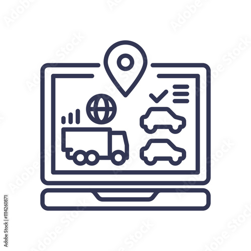 Laptop with logistics icons symbolizes centralized control in transportation management.