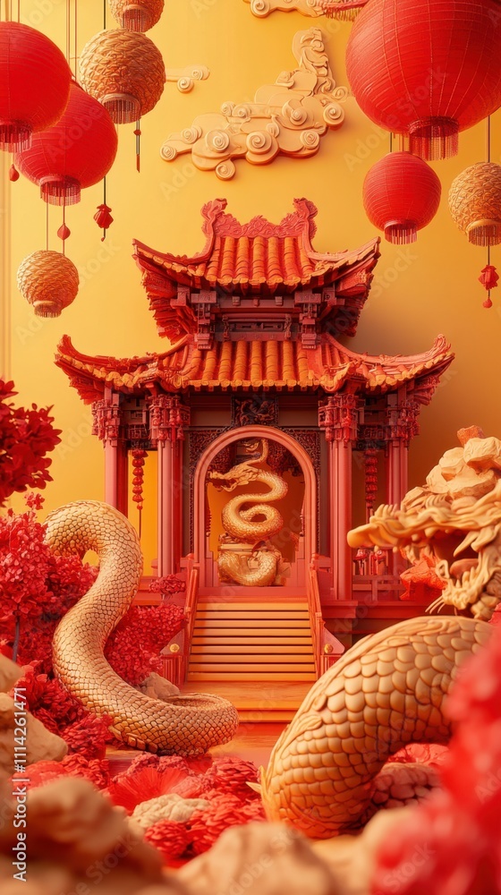 Obraz premium Chinese New Year Celebration: A 3D Render of a Dragon Temple Adorned with Red Lanterns and Golden Dragons