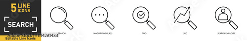 Search line icon set. Set of 5 outline icons related to search, magnifying glass, find, seo, search employee and more. Vector illustration.