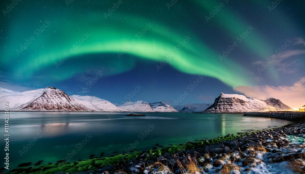 Naklejka premium northen lights aurora borealis in iceland over the fjord