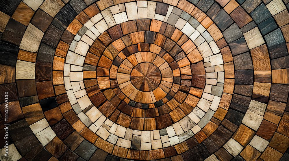 Fototapeta premium Circular wooden mandala mosaic with varied wood tones. Mosaic. Illustration
