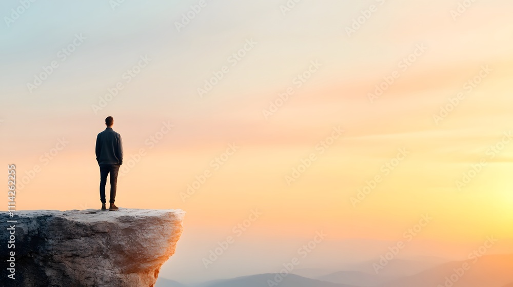 A person standing at a cliff edge overlooking an open horizon, embracing the concept of new beginnings A person standing at a cliff edge overlooking an open horizon, embracing the concept of new beginnings