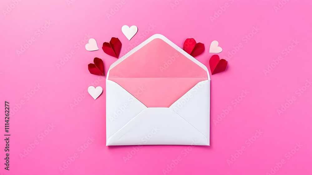 love letter envelope with paper craft hearts - flat lay on pink valentines or anniversary background with copy space love letter envelope with paper craft hearts - flat lay on pink valentines or anniversary background with copy space