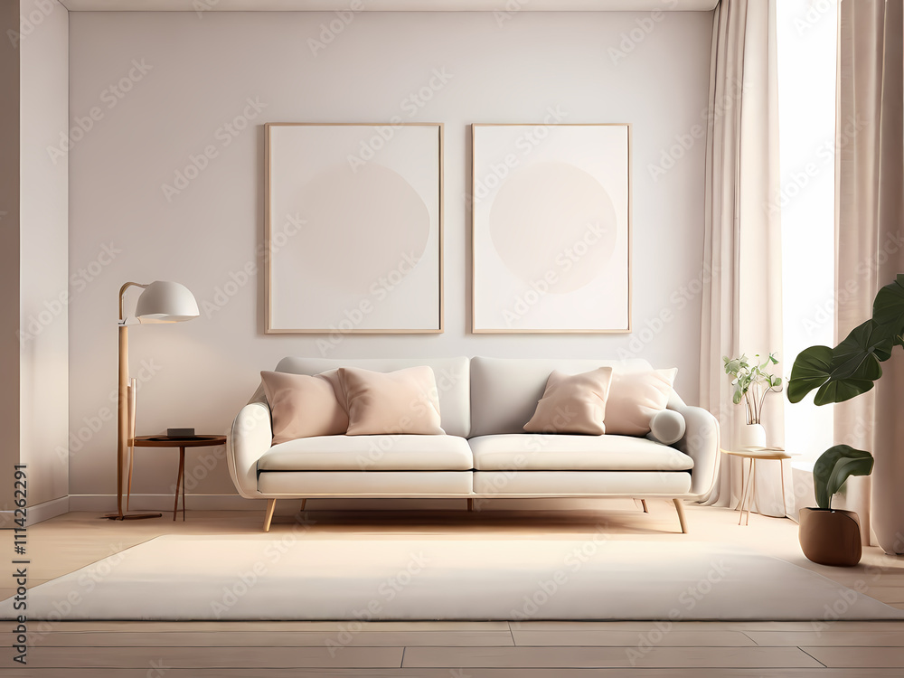 Image features a minimalist interior setting with a focus on a framed blank white poster. The poster is held in a thin, light wooden frame, propped against the backrest of a plush, white, tufted sofa. Image features a minimalist interior setting with a focus on a framed blank white poster. The poster is held in a thin, light wooden frame, propped against the backrest of a plush, white, tufted sofa.