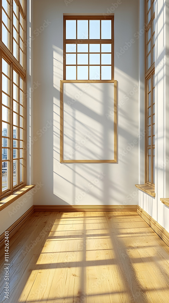 Obraz premium Sunlit empty room with large windows and hardwood floor.