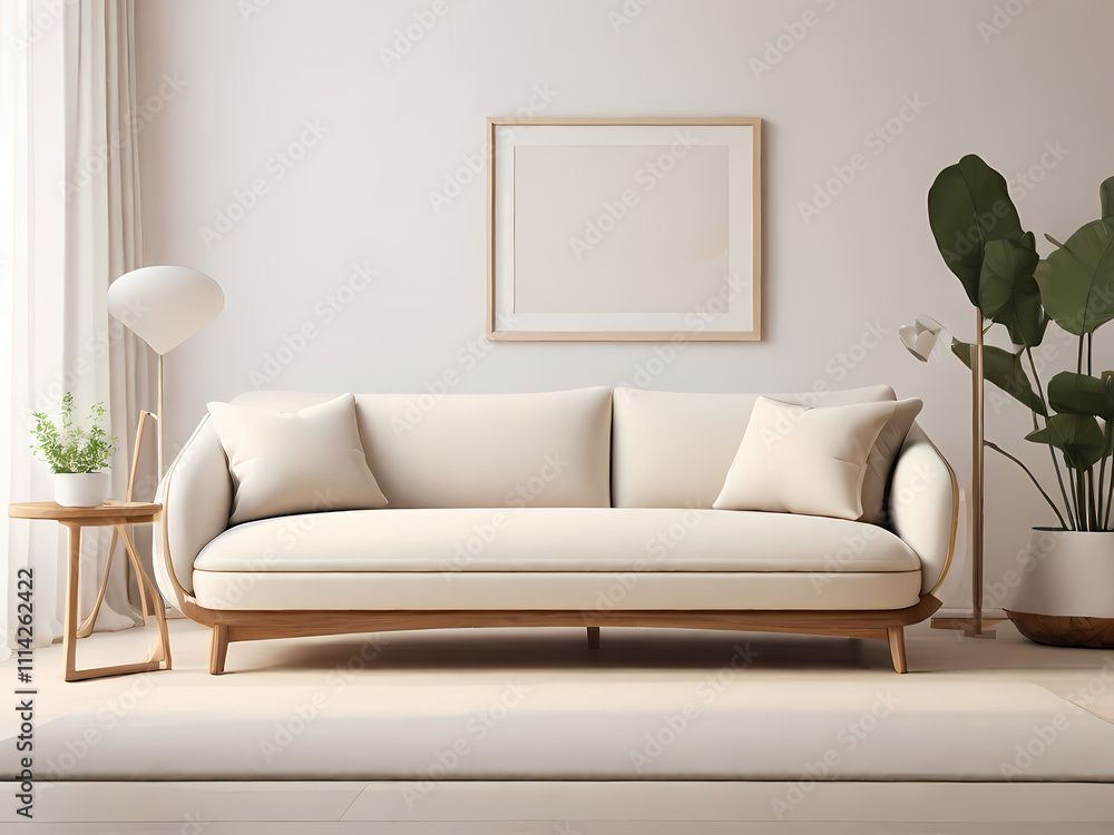 Image features a minimalist interior setting with a focus on a framed blank white poster. The poster is held in a thin, light wooden frame, propped against the backrest of a plush, white, tufted sofa. Image features a minimalist interior setting with a focus on a framed blank white poster. The poster is held in a thin, light wooden frame, propped against the backrest of a plush, white, tufted sofa.