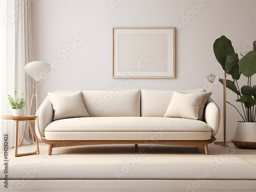 Image features a minimalist interior setting with a focus on a framed blank white poster. The poster is held in a thin, light wooden frame, propped against the backrest of a plush, white, tufted sofa.