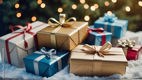 Wallpaper Mural This festive image captures the joy of Christmas with a stack of beautifully wrapped presents adorned with golden bows and ribbons. The twinkling lights in the background create a warm and inviting. Torontodigital.ca