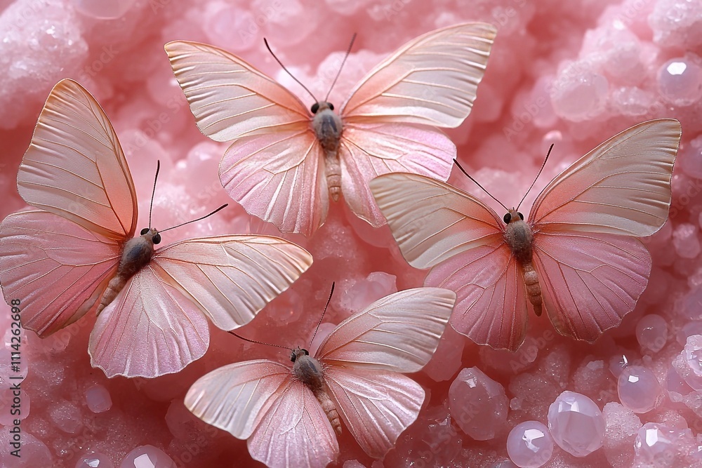 Φωτογραφία Pink opal butterfly phone wallpaper with pink and white butterflies, white wings, small light purple gems on the body of each one, pink sparkles in the background, and a pink glittery texture