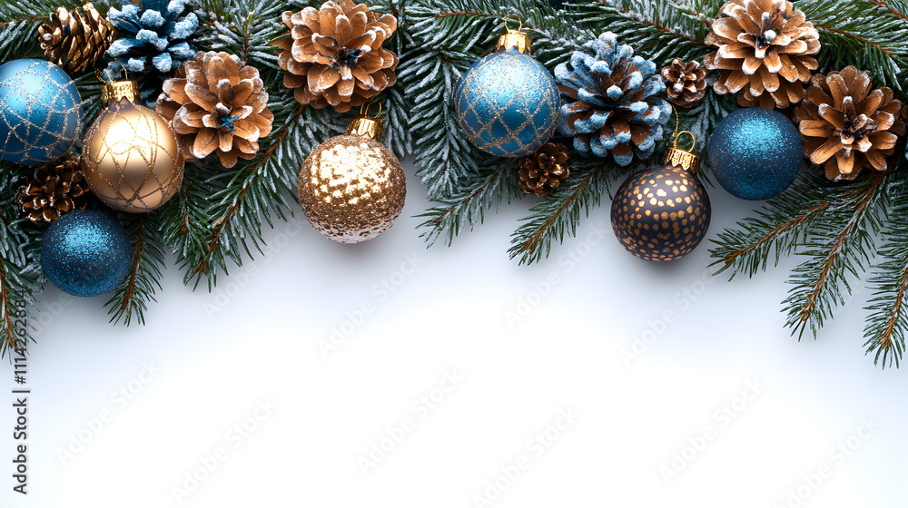 A beautiful arrangement of Christmas ornaments including blue and gold baubles, pine cones, and evergreen branches, creating a festive and elegant holiday display. A beautiful arrangement of Christmas ornaments including blue and gold baubles, pine cones, and evergreen branches, creating a festive and elegant holiday display.