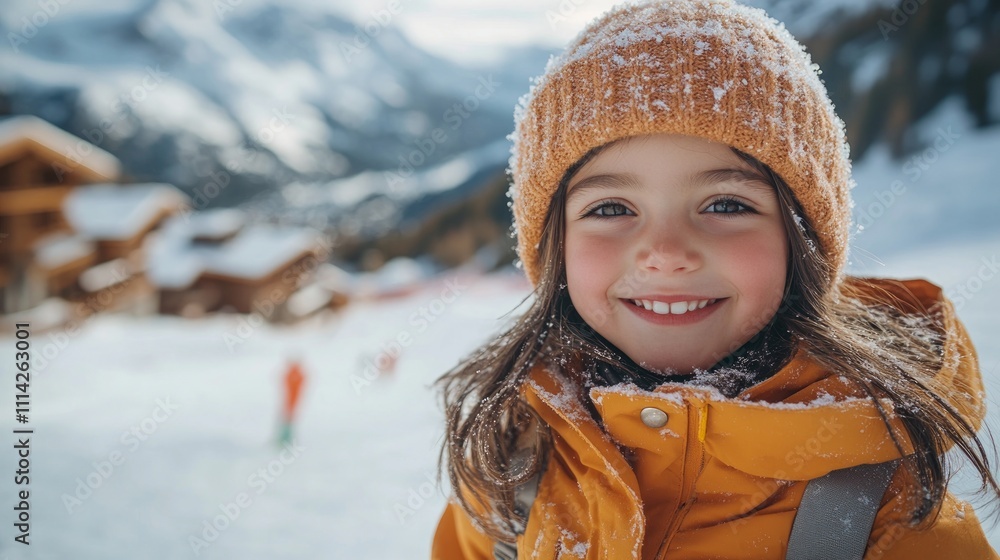 Portrait of a cheerful child wearing winter clothes, enjoying a snowy day at a ski resort in the mountains Portrait of a cheerful child wearing winter clothes, enjoying a snowy day at a ski resort in the mountains