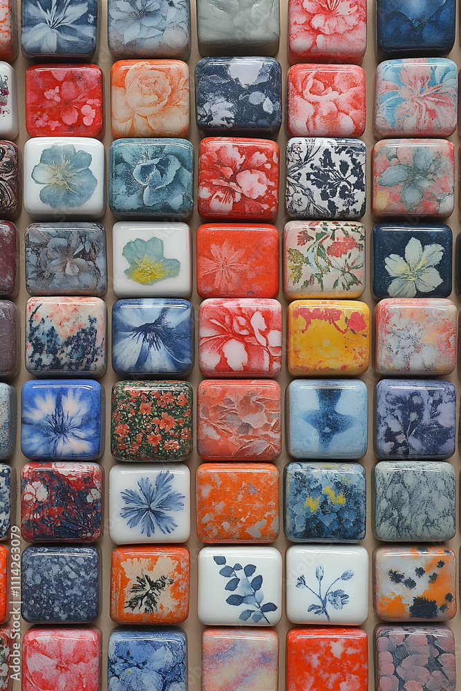 Fototapeta premium Colorful floral patterned square tiles arranged in grid.