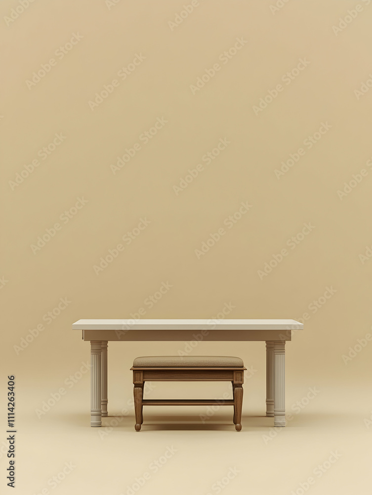 Minimalist beige room with table and stool. Minimalist beige room with table and stool.