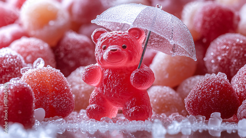 A cute gummy bear holds a tiny umbrella, surrounded by colorful gummy candies, creating a whimsical and playful scene.