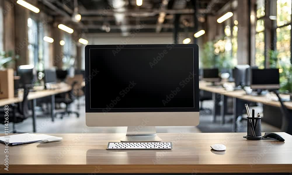 A modern workspace featuring a sleek desktop computer with a blank screen, paired with a minimalist keyboard, set in a well-lit office environment. A modern workspace featuring a sleek desktop computer with a blank screen, paired with a minimalist keyboard, set in a well-lit office environment.