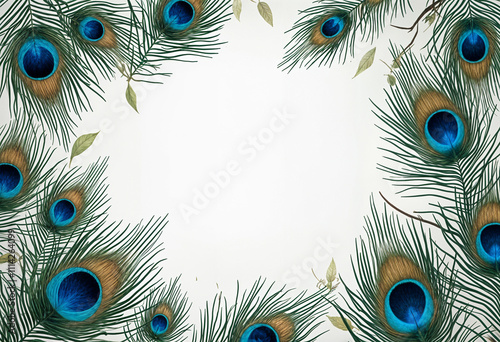 Peacock feathers and leaves frame a white background.