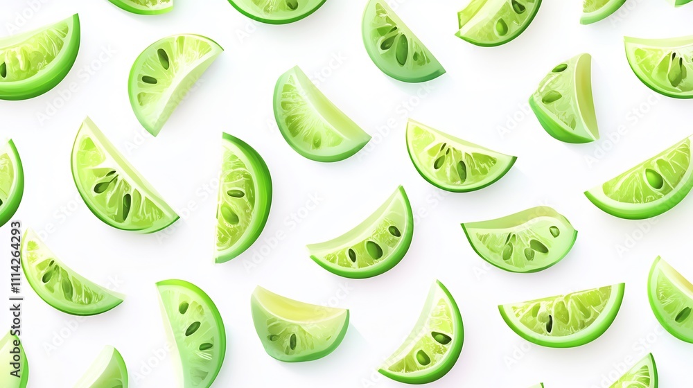 Obraz premium Scattered lime wedges on white background.
