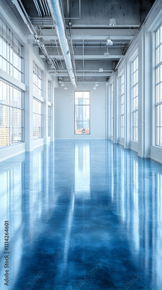 Modern, bright, spacious interior with polished concrete floor and large windows. Modern, bright, spacious interior with polished concrete floor and large windows.