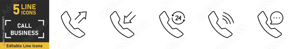 Call Business line icon set. Set of 5 outline icons related to incoming calls, outgoing calls, customer service, call messages and more. Vector illustration. Call Business line icon set. Set of 5 outline icons related to incoming calls, outgoing calls, customer service, call messages and more. Vector illustration.