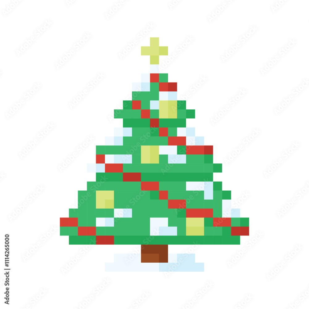 Fototapeta premium Christmas tree with snow, icon in 8 bit style