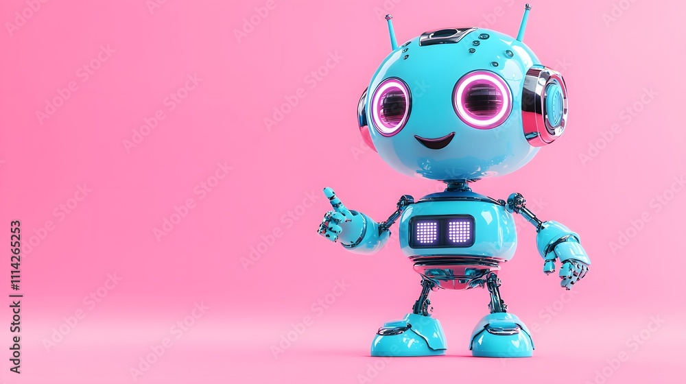 Adorable Blue Robot with Winking LED Eyes and Smiling Face Pointing to Bottom-Left, Solid Light Pink Background for Cute Tech Visuals Adorable Blue Robot with Winking LED Eyes and Smiling Face Pointing to Bottom-Left, Solid Light Pink Background for Cute Tech Visuals