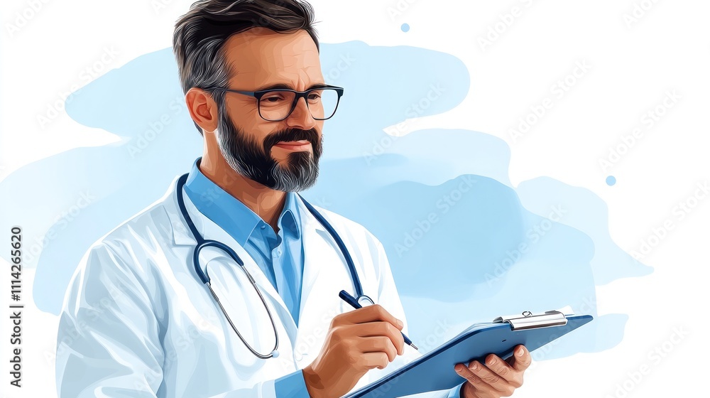 Fototapeta premium Focused doctor reviewing patient notes on clipboard.