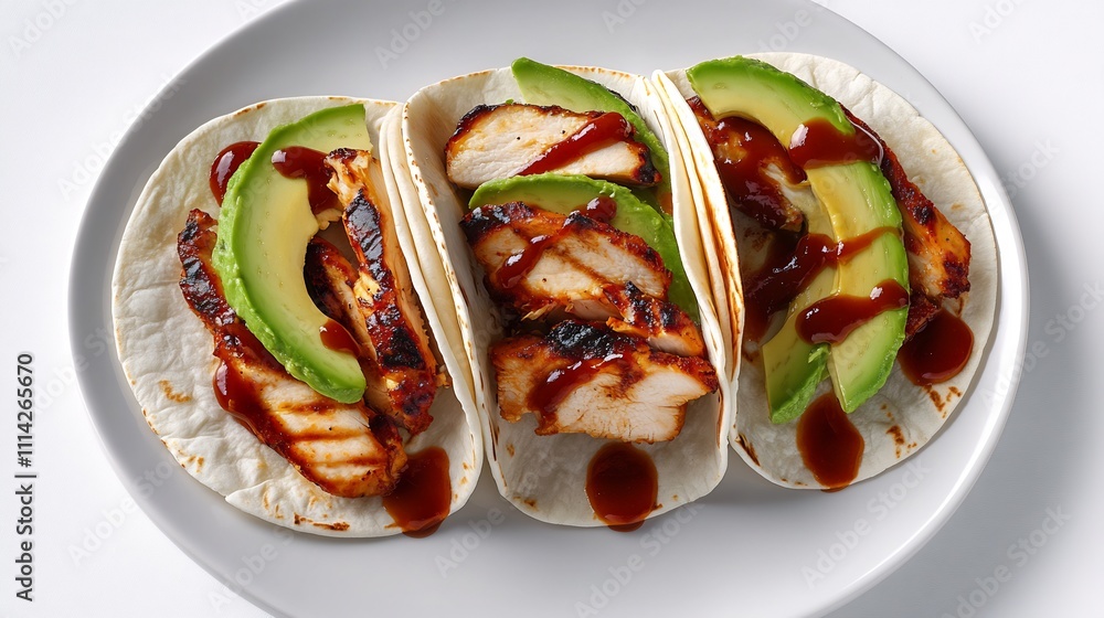 Three delicious chicken tacos with avocado and BBQ sauce. Three delicious chicken tacos with avocado and BBQ sauce.
