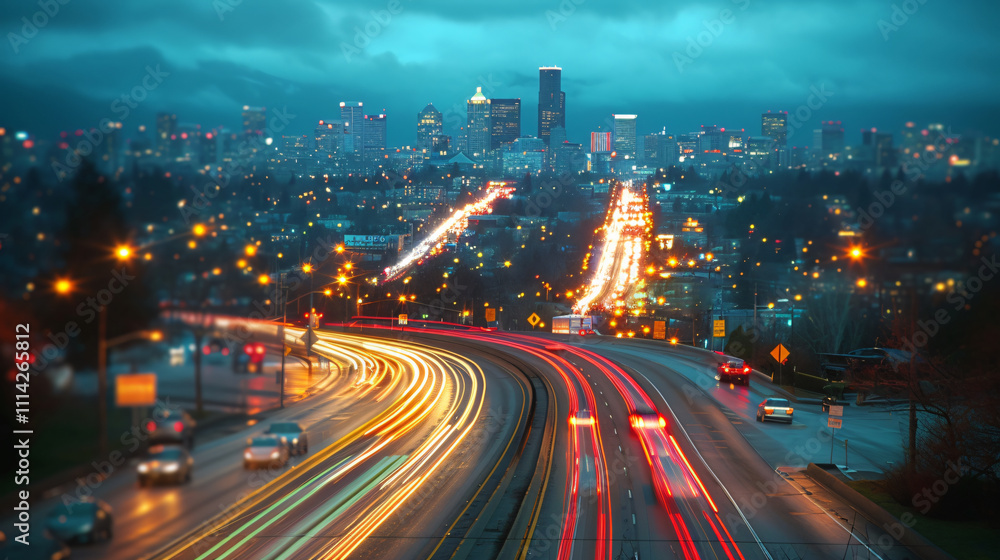 vibrant long exposure of traffic lights streaking through city highway at night, with glowing urban skyline in background vibrant long exposure of traffic lights streaking through city highway at night, with glowing urban skyline in background