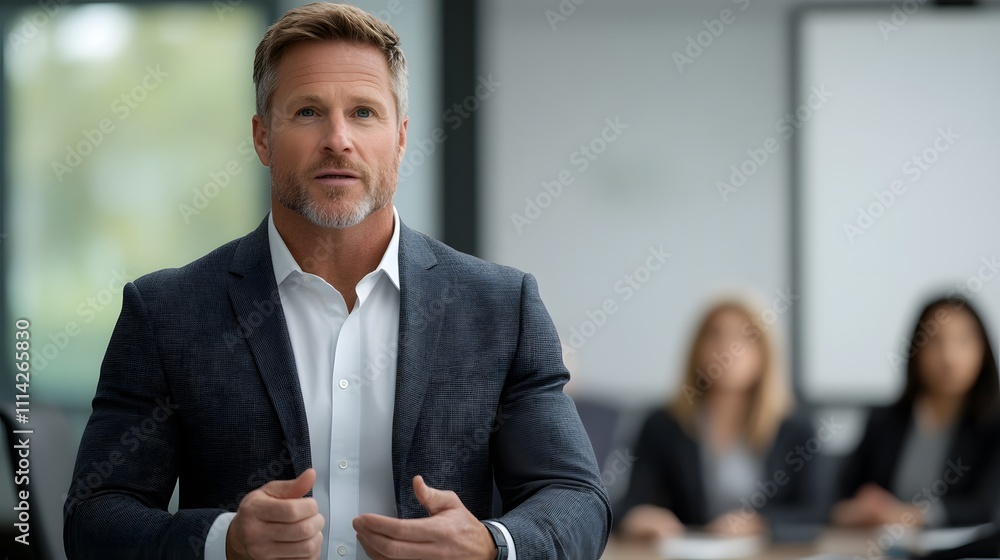A business leader giving a motivational speech to a group of professionals in a modern office setting A business leader giving a motivational speech to a group of professionals in a modern office setting