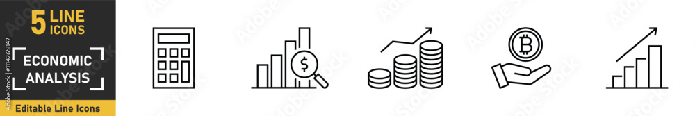 Economic Analysis line icon set. Set of 5 outline icons related to calculation, analysis, profit, income, growth and more. Vector illustration. Economic Analysis line icon set. Set of 5 outline icons related to calculation, analysis, profit, income, growth and more. Vector illustration.
