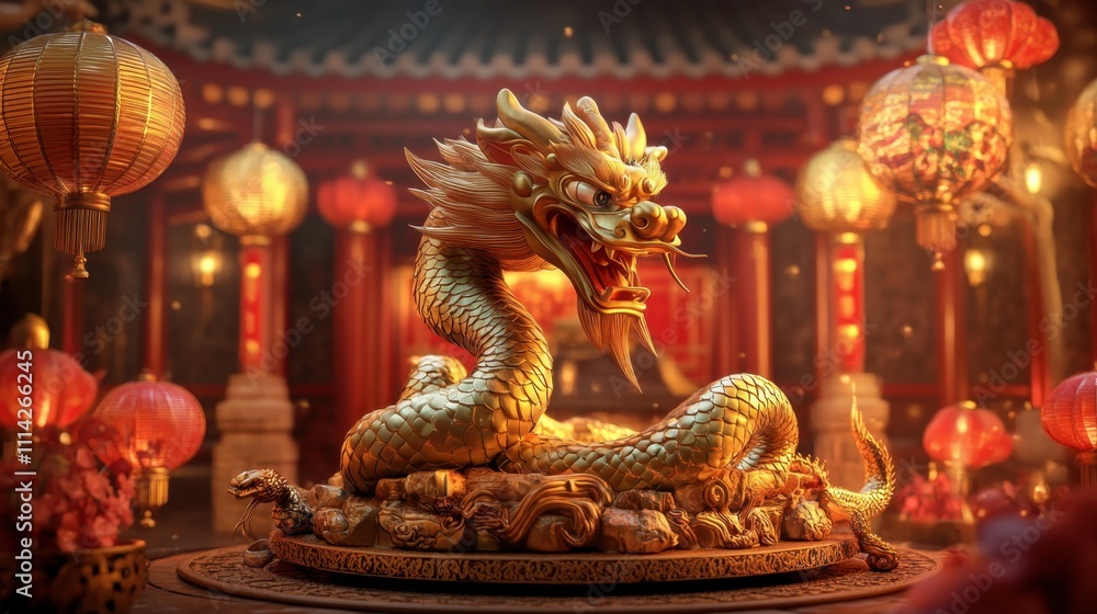 Fototapeta premium Golden Dragon Statue in a Festive Chinese Temple Setting: A 3D Render of Lunar New Year Celebration