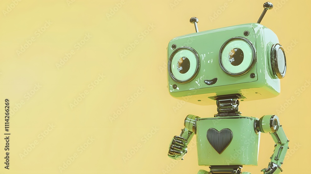 Adorable Green Robot with Glowing Eyes and Heart Face Pointing Upward, Solid Light Yellow Background for Fun and Modern Visuals Adorable Green Robot with Glowing Eyes and Heart Face Pointing Upward, Solid Light Yellow Background for Fun and Modern Visuals