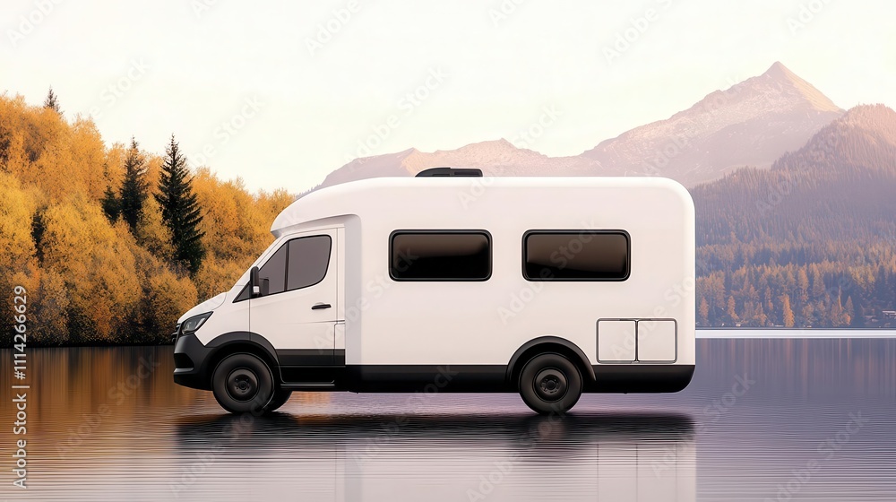 Naklejka premium Modern RV design with subtle curves and a monochromatic color scheme, parked by a lake