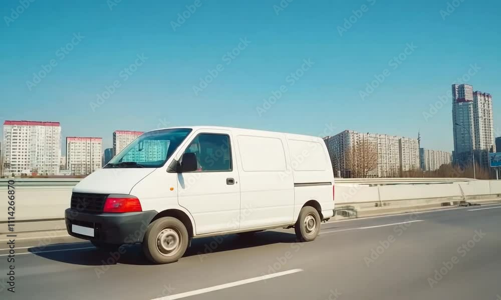 White Delivery Van Driving on Urban Road with City Skyline Background White Delivery Van Driving on Urban Road with City Skyline Background
