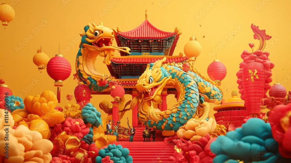 Obraz premium Vibrant Chinese New Year Celebration with Majestic Dragons and Festive Lanterns