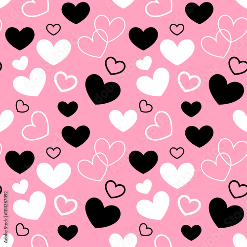 Hearts black and white scattered on pink background, Valentines Day design, seamless vector pattern, textile print, wallpaper, wrapping paper