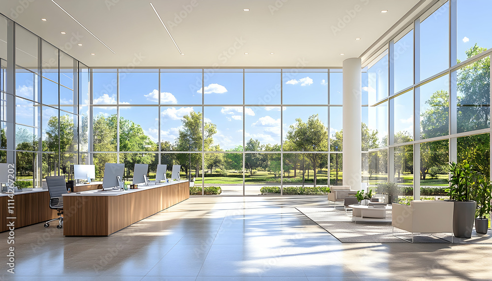 Modern office lobby with large windows overlooking a park. Modern office lobby with large windows overlooking a park.