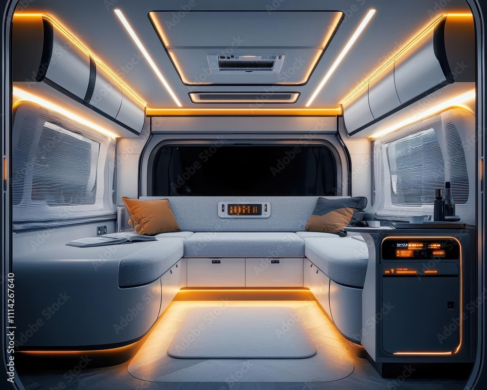 Modern minimalist RV featuring a digital control panel and futuristic interior lighting Modern minimalist RV featuring a digital control panel and futuristic interior lighting