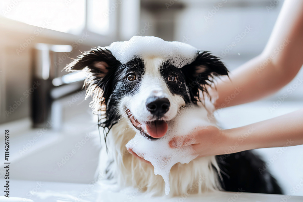 Relaxing bath for a Border Collie dog, hands lathering soap on its fur Relaxing bath for a Border Collie dog, hands lathering soap on its fur