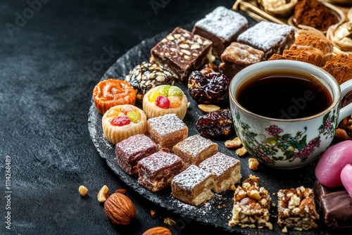 Middle Eastern Sweets, Turkish Delights and Black Coffee on black background, copy space. Arab dessert assortment, rahat lokum, halva, sherber, pismaniye with nuts and dates  photo