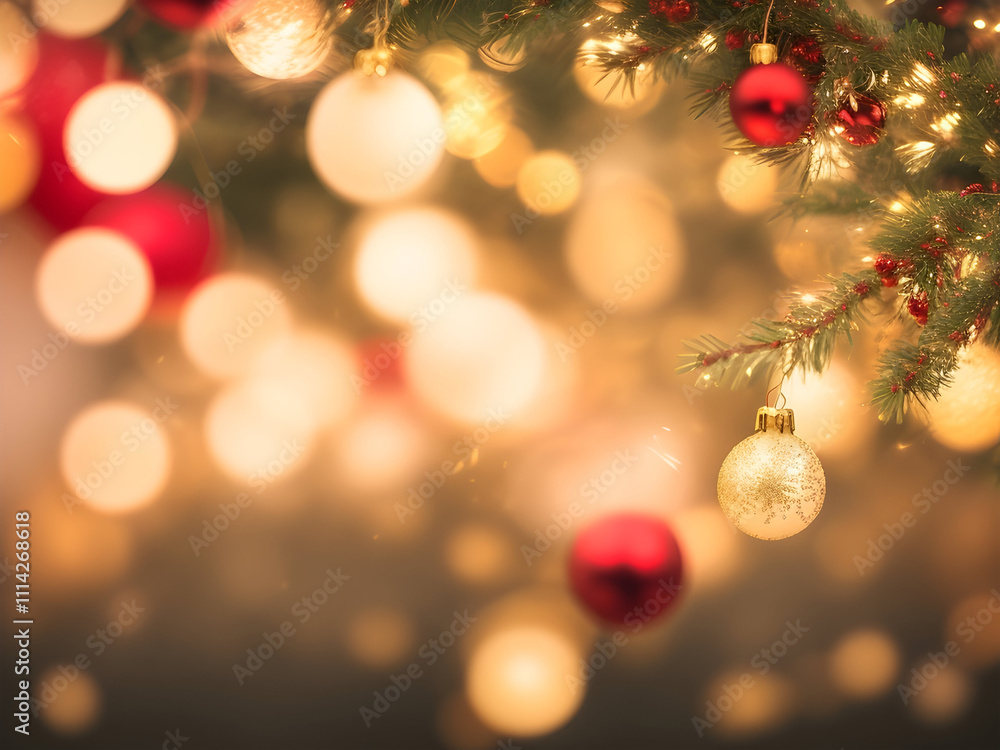 Obraz premium 부드럽고 흐릿한 황금빛 보케 배경에 반짝이는 크리스마스 조명이 있습니다. 전면에는 섬세한 빨간색, 녹색, 금색 장식이 보이지 않는 끈에 부드럽게 매달려 있으며, 이미지 전체에 은은한 눈송이가 몇 개 떠 있습니다.
