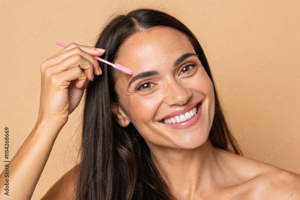 Smiling Woman Combing Brows With Pink Brush On Beige Background Smiling Woman Combing Brows With Pink Brush On Beige Background