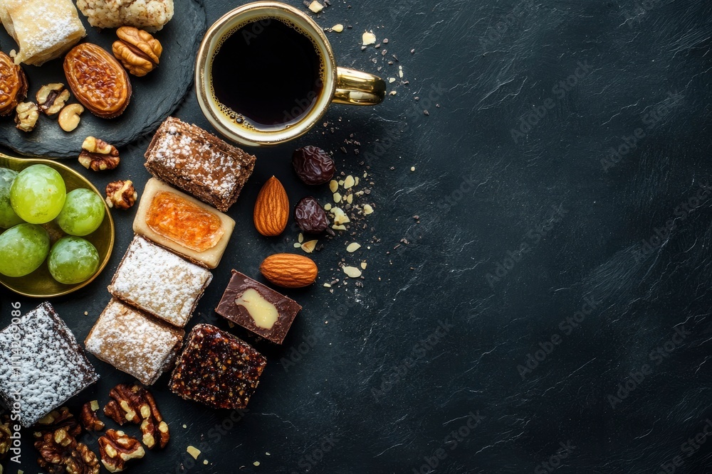 Middle Eastern Sweets, Turkish Delights and Black Coffee on black background, copy space. Arab dessert assortment, rahat lokum, halva, sherber, pismaniye with nuts and dates Middle Eastern Sweets, Turkish Delights and Black Coffee on black background, copy space. Arab dessert assortment, rahat lokum, halva, sherber, pismaniye with nuts and dates